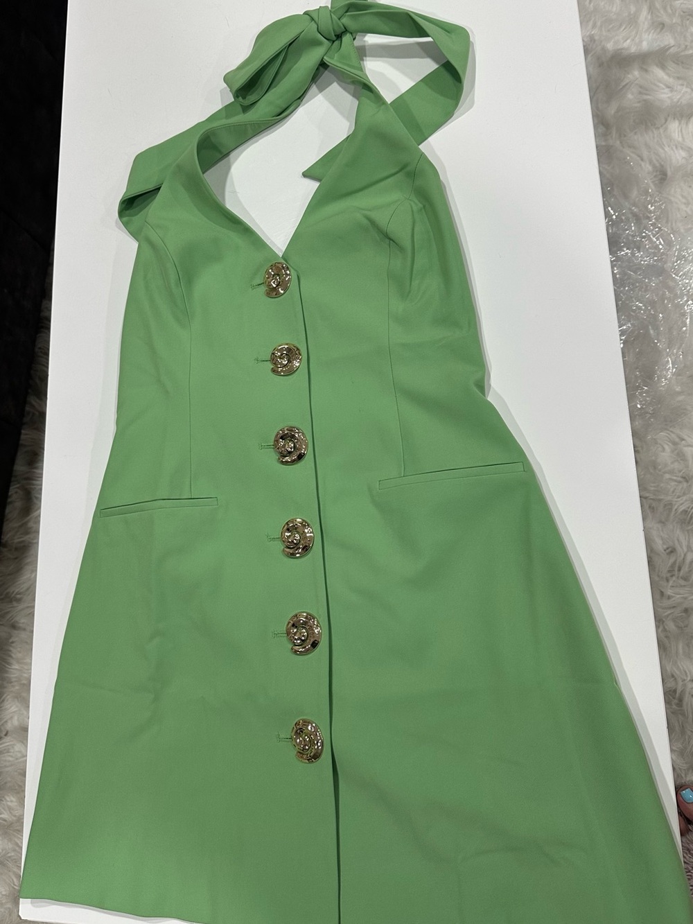 Wolf Gang Mint Green Halter Mini Dress with Gold Buttons